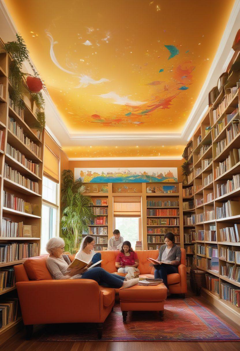 A vibrant library scene showcasing diverse community members engaging with various resources: a family reading together, a teenager using a computer, an older adult participating in a workshop, and children exploring a storytelling area. Include shelves filled with colorful books, cozy reading nooks, and posters of programs and events. Warm lighting and welcoming decor create a friendly atmosphere. super-realistic. vibrant colors. 3D.