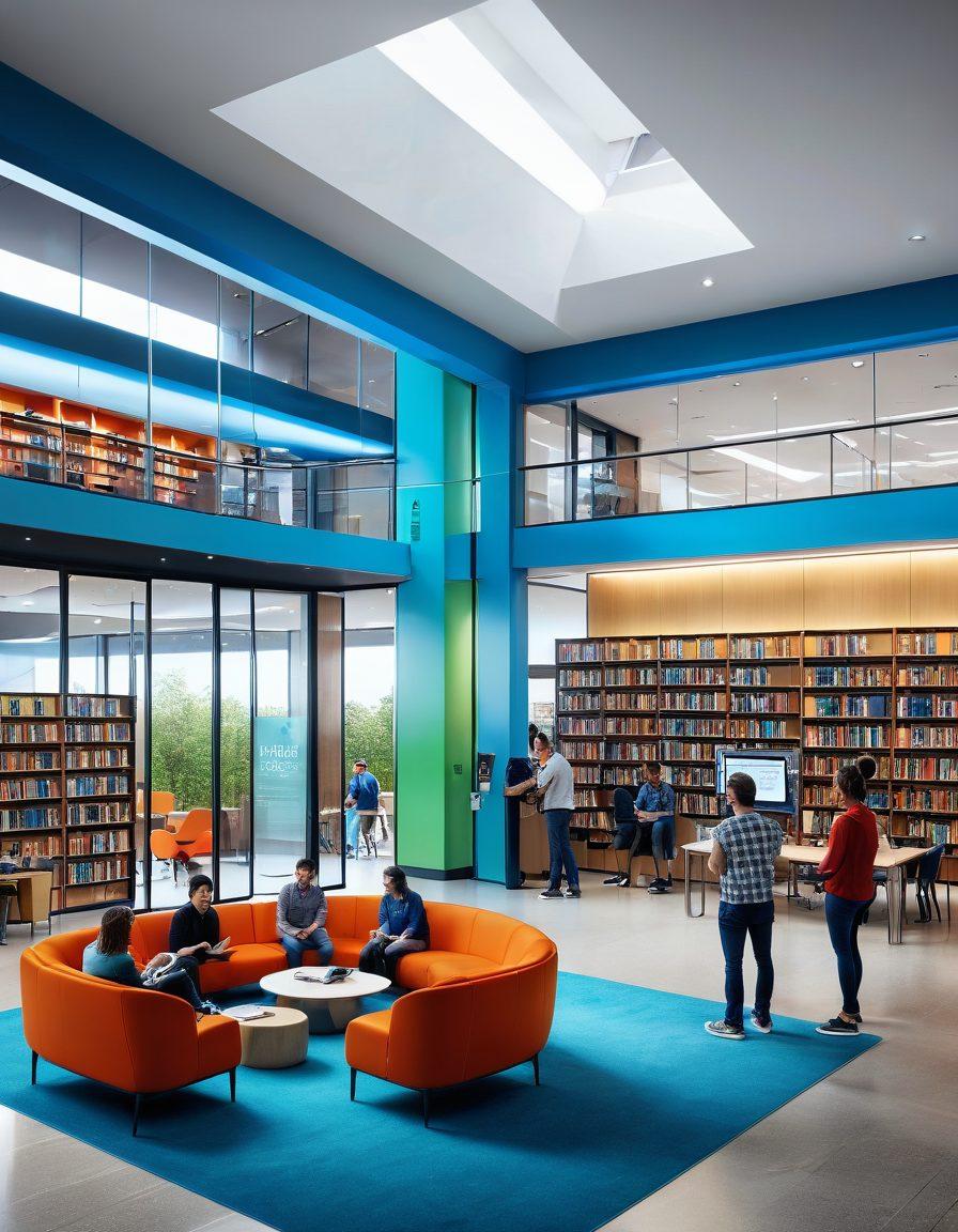An inviting entrance to a modern library, with oversized books and digital screens displaying various services offered by Snoisle Library. People of diverse backgrounds and ages are engaging with the library resources, showcasing an array of activities like reading, using computers, and attending workshops. Bright colors and an uplifting atmosphere highlight the concept of unlocking opportunities through knowledge. super-realistic. vibrant colors. 3D.