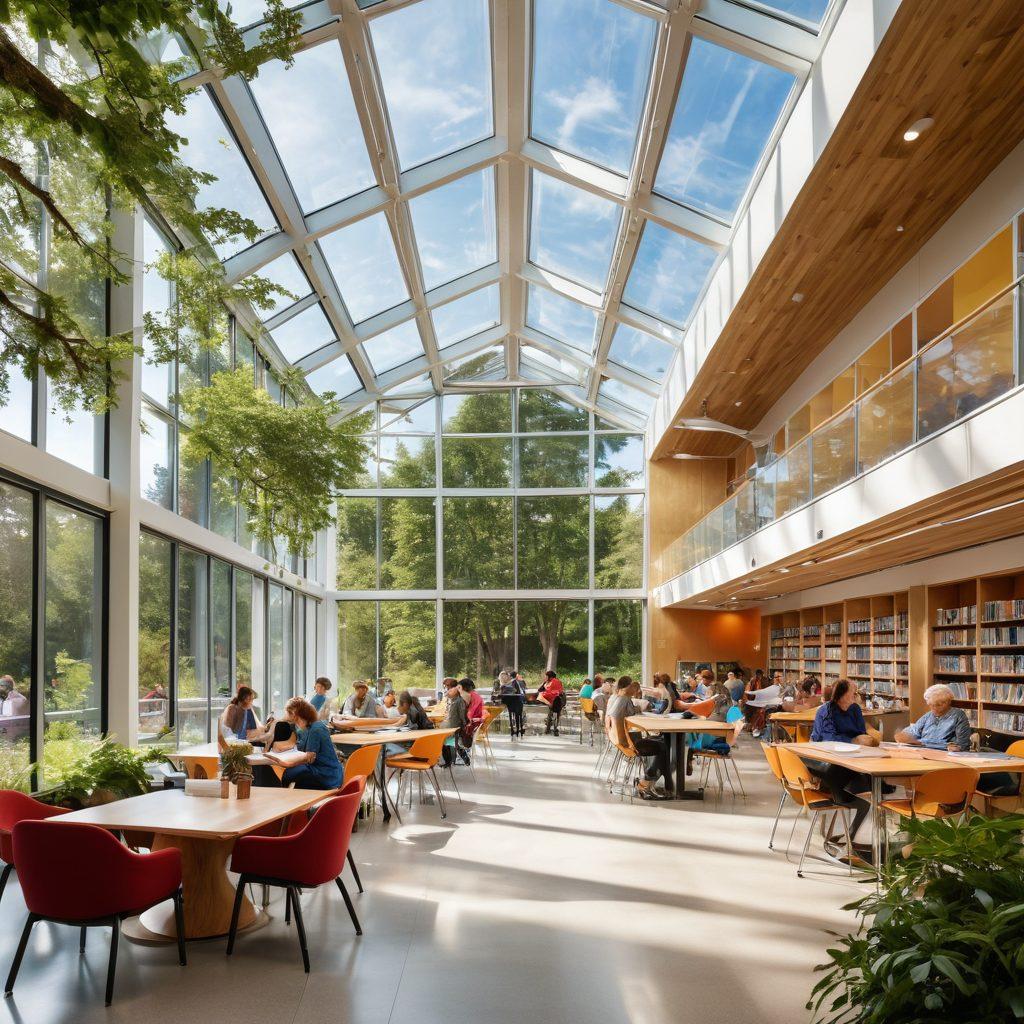 A vibrant community gathering at Snoisle Library, showcasing diverse individuals of all ages engaged in various activities like reading, workshops, and technology classes. The library features modern architecture with large windows, surrounded by lush greenery, symbolizing connection and empowerment. Warm, inviting colors highlight the joy of learning and collaboration. super-realistic. vibrant colors. white background.